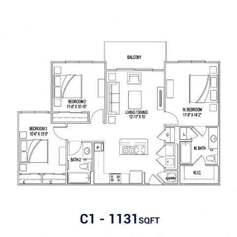 Floor plan for 3 beds, 3 baths, 1130 sqft